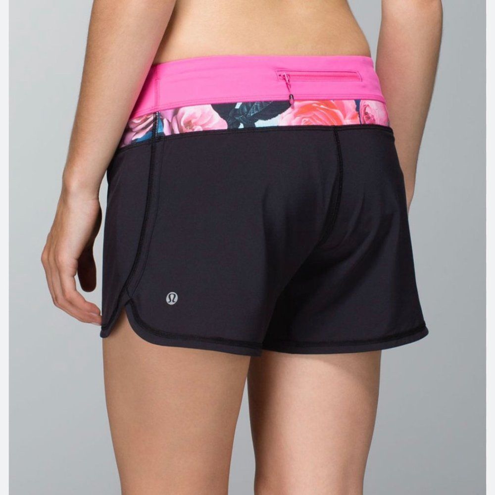lululemon Pink Black Floral Groovy Run Short 4 Way Stretch 6